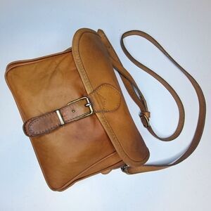 Roots Vintage Tan Leather Raw Suede Interior Crossbody Bag - Discolored